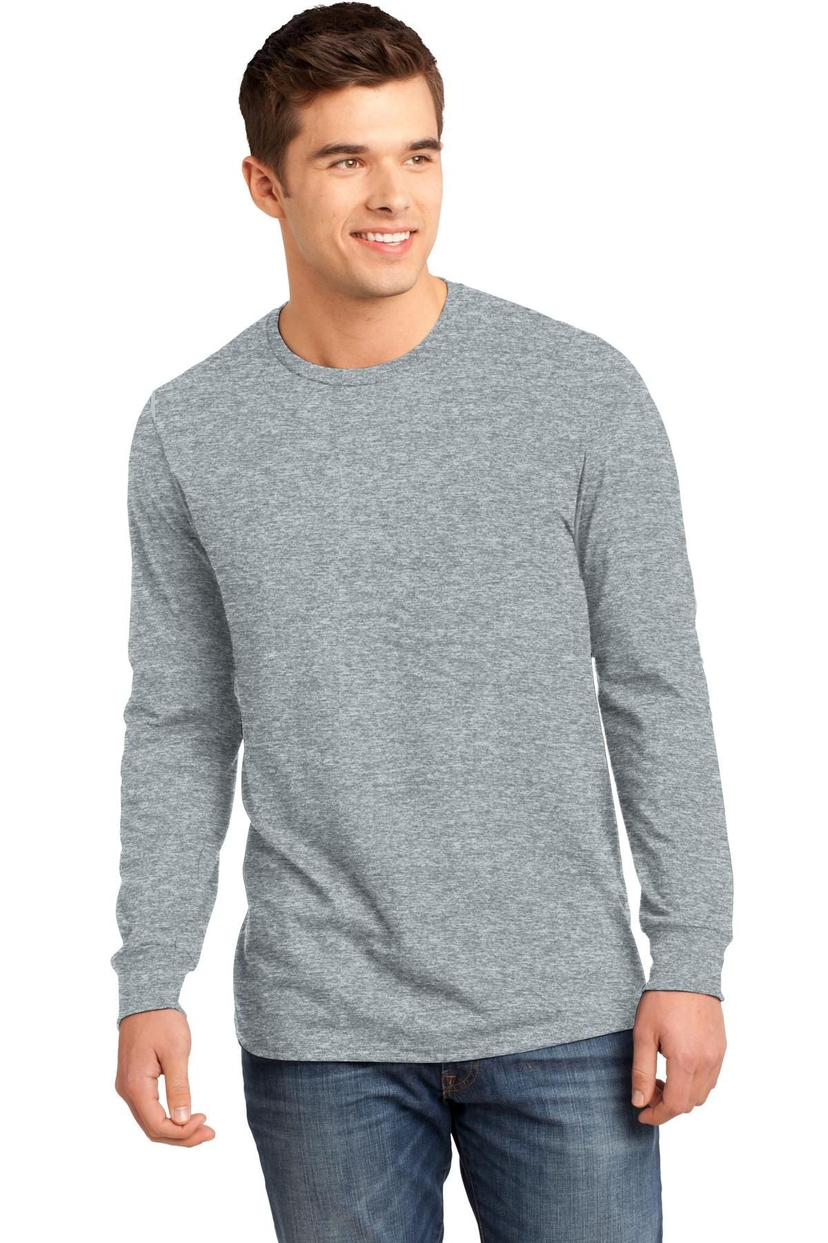 Men's long-sleeve concert tee in heather grey, crew neck, solid heather texture.