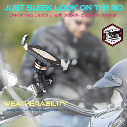 Motorcycle phone mount with sleek anti-vibration bracket and clamp for handlebars