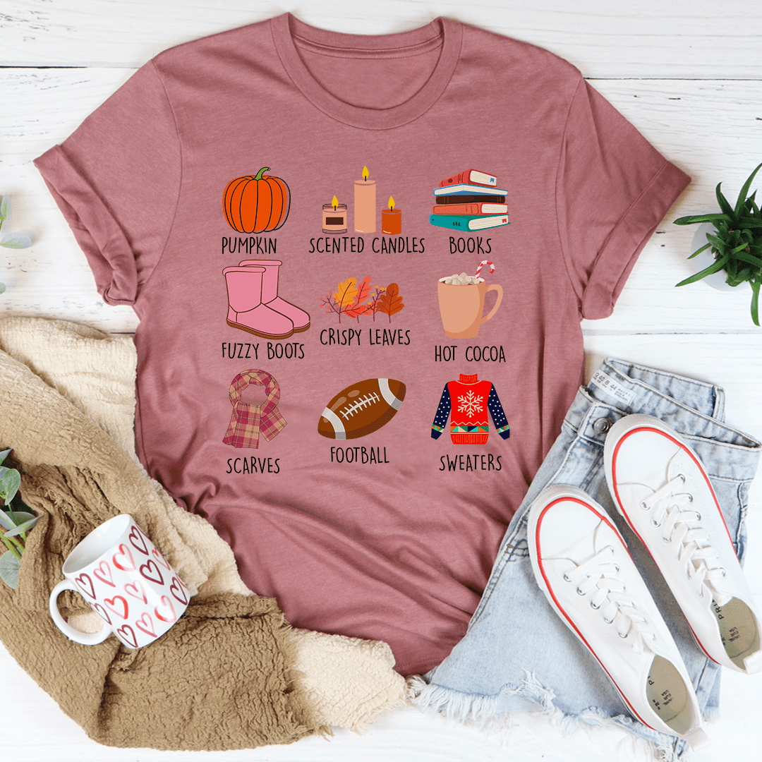 Rose mauve fall graphic T-shirt with pumpkin, scented candles, books, hot cocoa, football