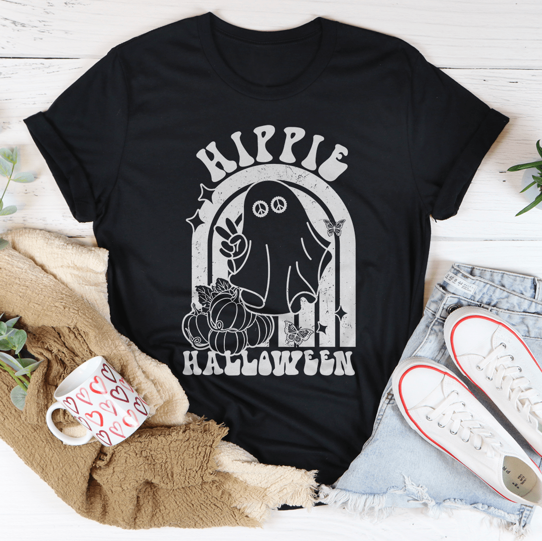 Hippie Halloween graphic t-shirt, black with centered white arched character illustration