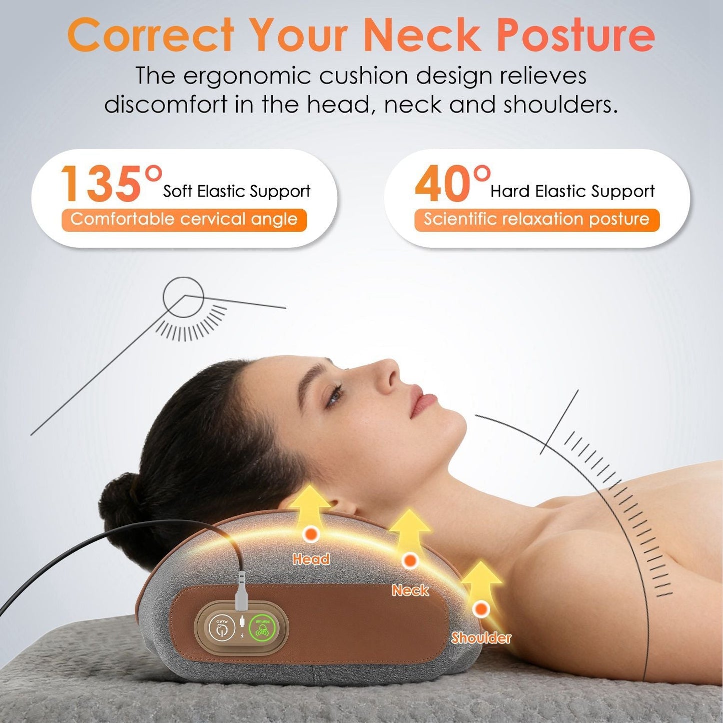3-in-1 neck massager pillow, dark grey and brown sides, with heating area around neck
