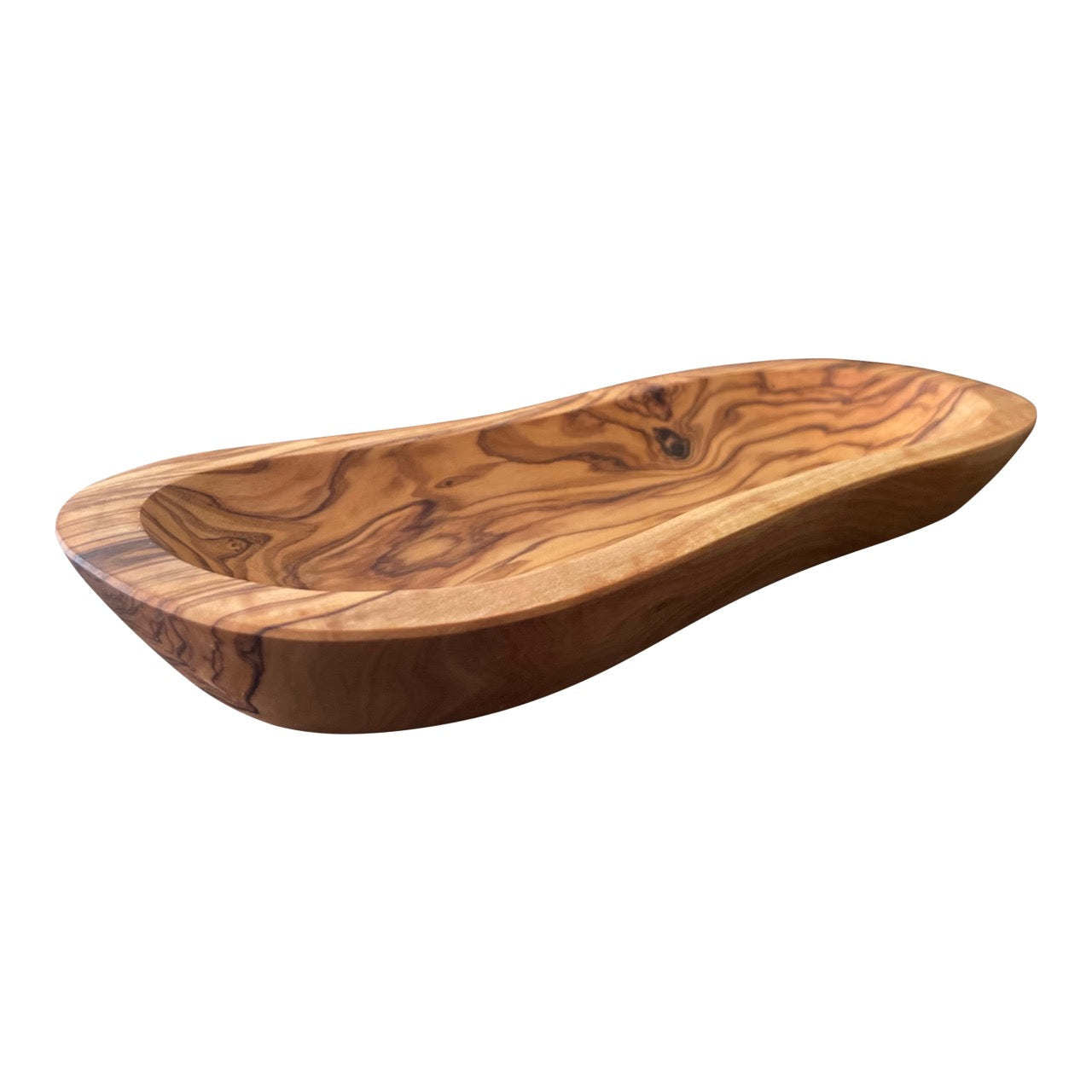 Olive wood multi-purpose bowl with elongated canoe shape and natural swirl grain.