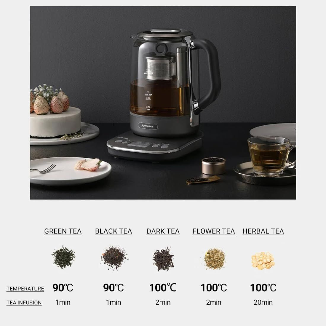 Joydeem Hot Tea Maker, Glass Electric Kettle with Auto Lift Tea Infuser and Temperature Control, 1.7L, JD-ZC6088G