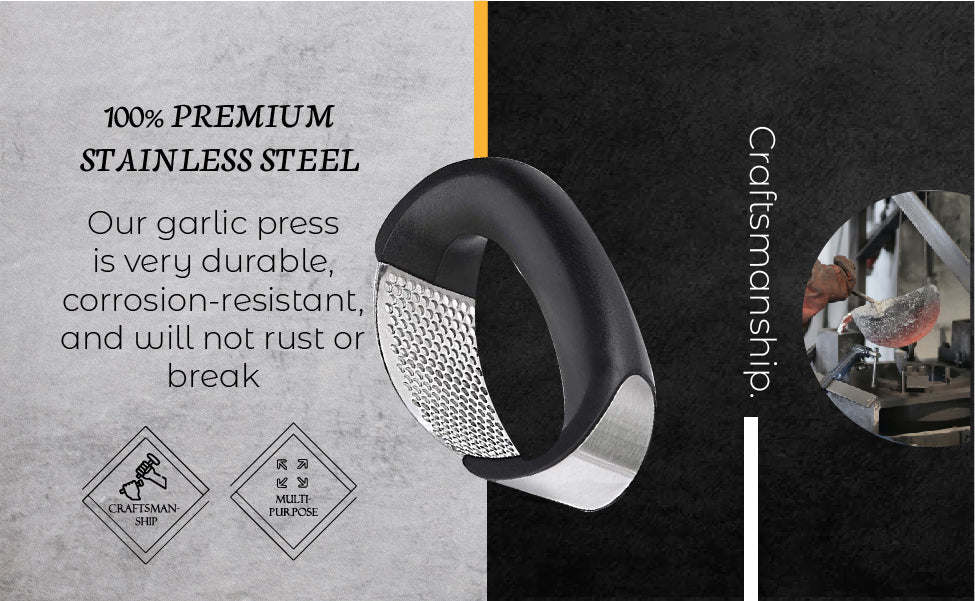 Arc-shaped garlic press with black handle and stainless steel perforated crushing surface