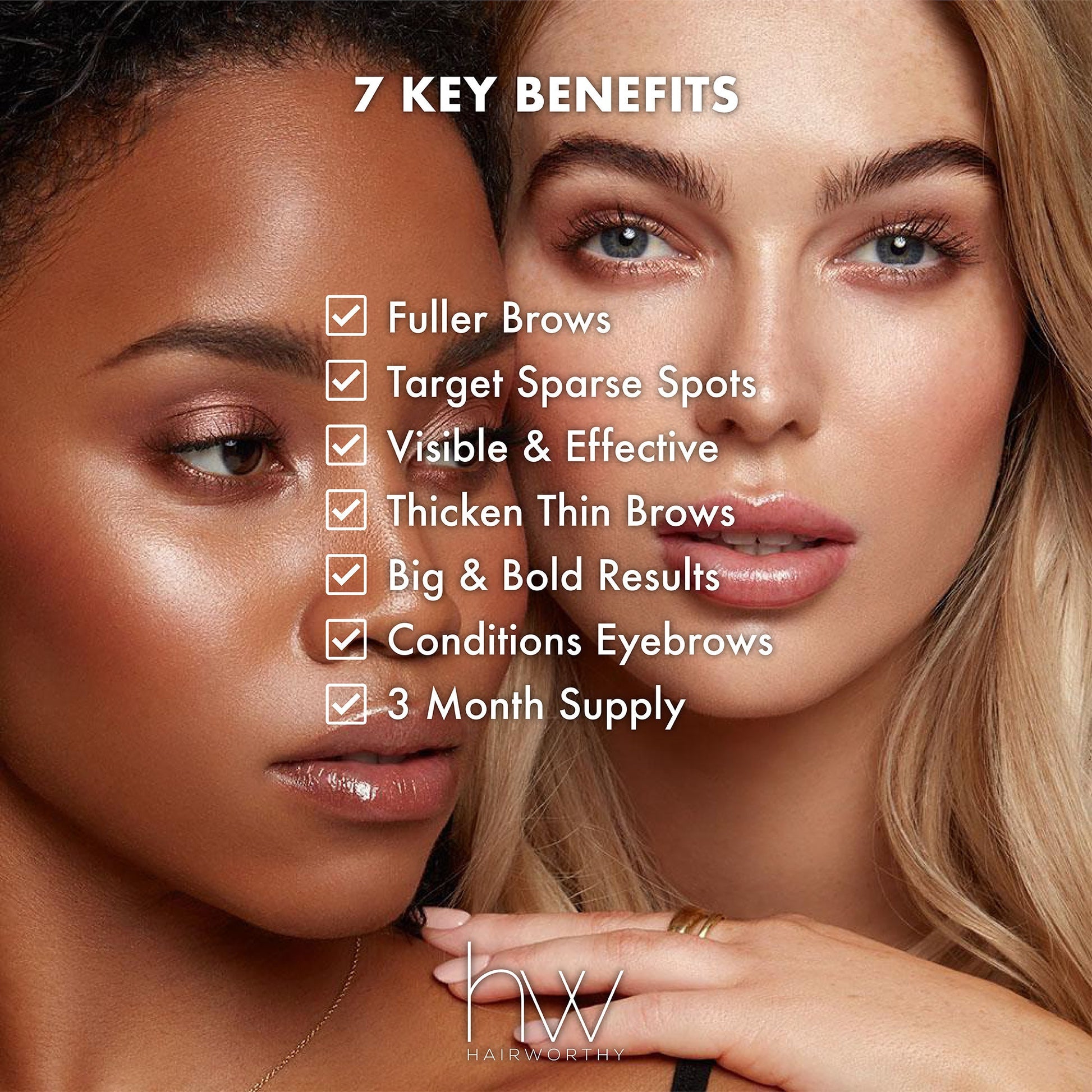 Eyebrow serum applicator touching eyebrow on a model; serum bottle held nearby