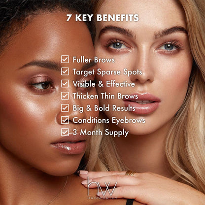 Eyebrow serum applicator touching eyebrow on a model; serum bottle held nearby