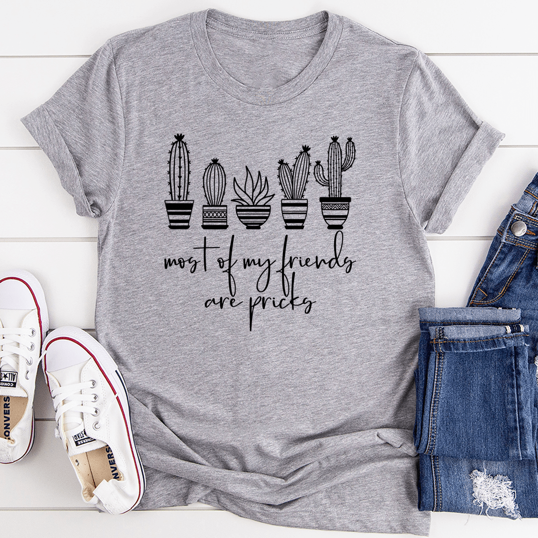 Heather gray short-sleeve T-shirt with cactus graphic and phrase "most of my friends"