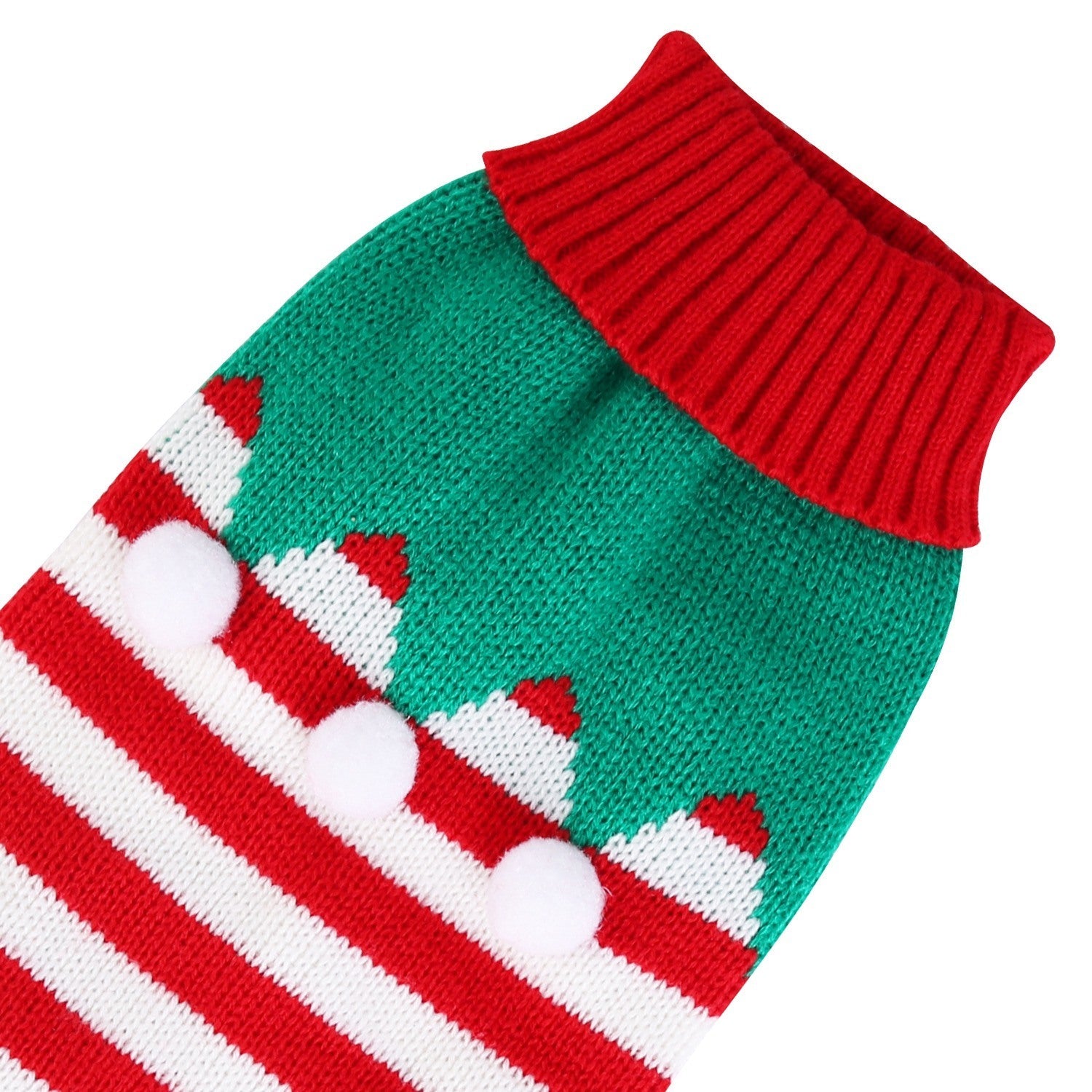 Green pet turtleneck sweater with red collar and white-and-red striped hem.