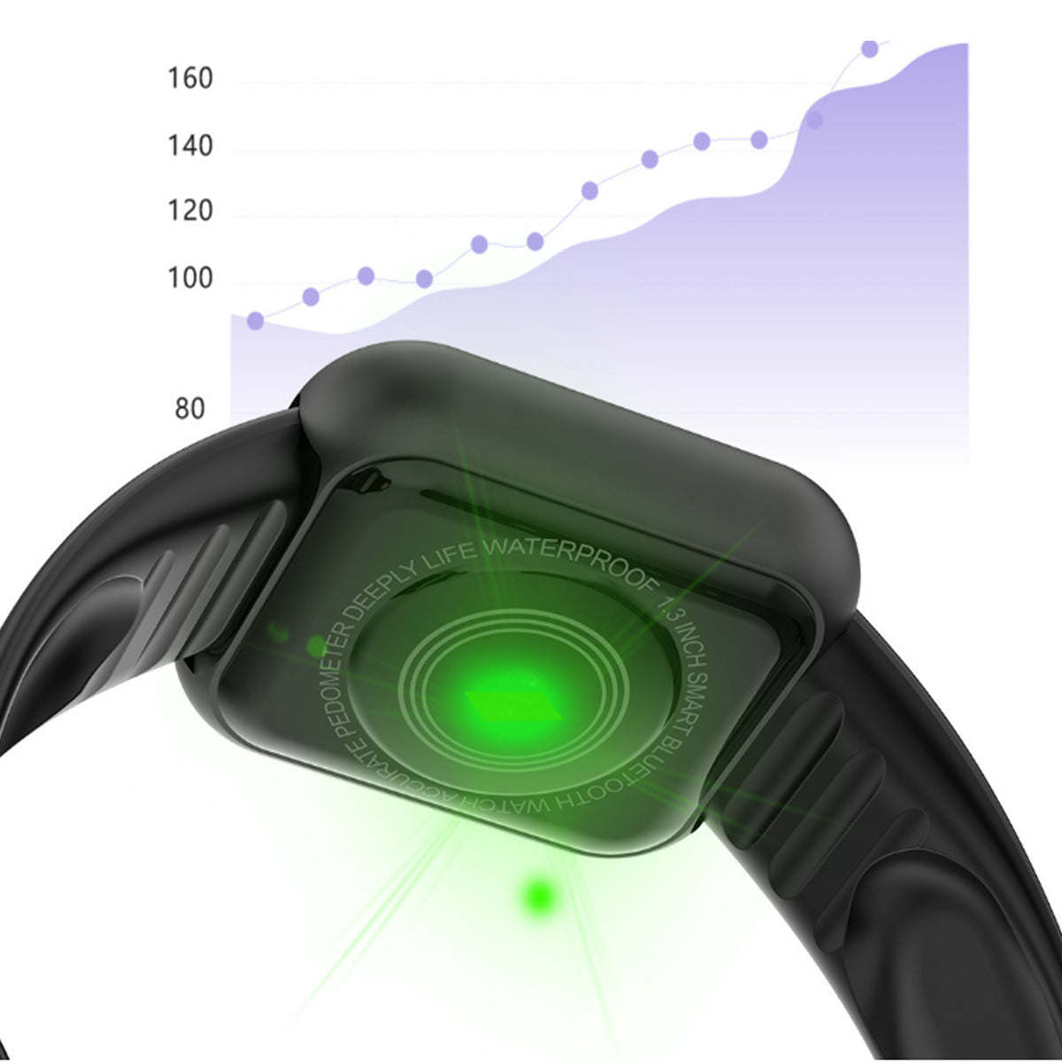 Smart watch sensor area on black back housing with waterproof marking, close-up.