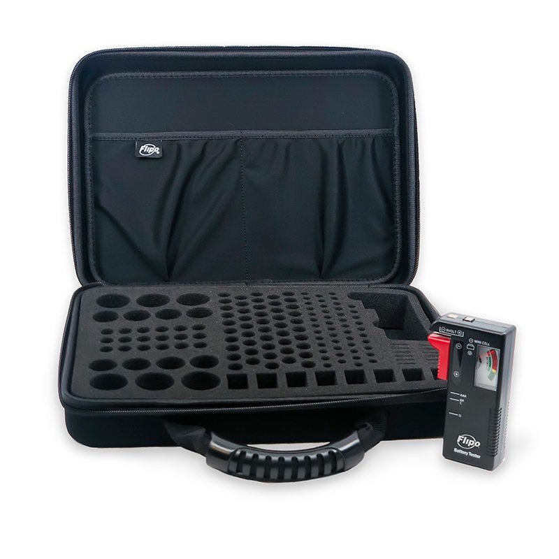 Battery storage case open with padded organizer, foam battery holders, and tester