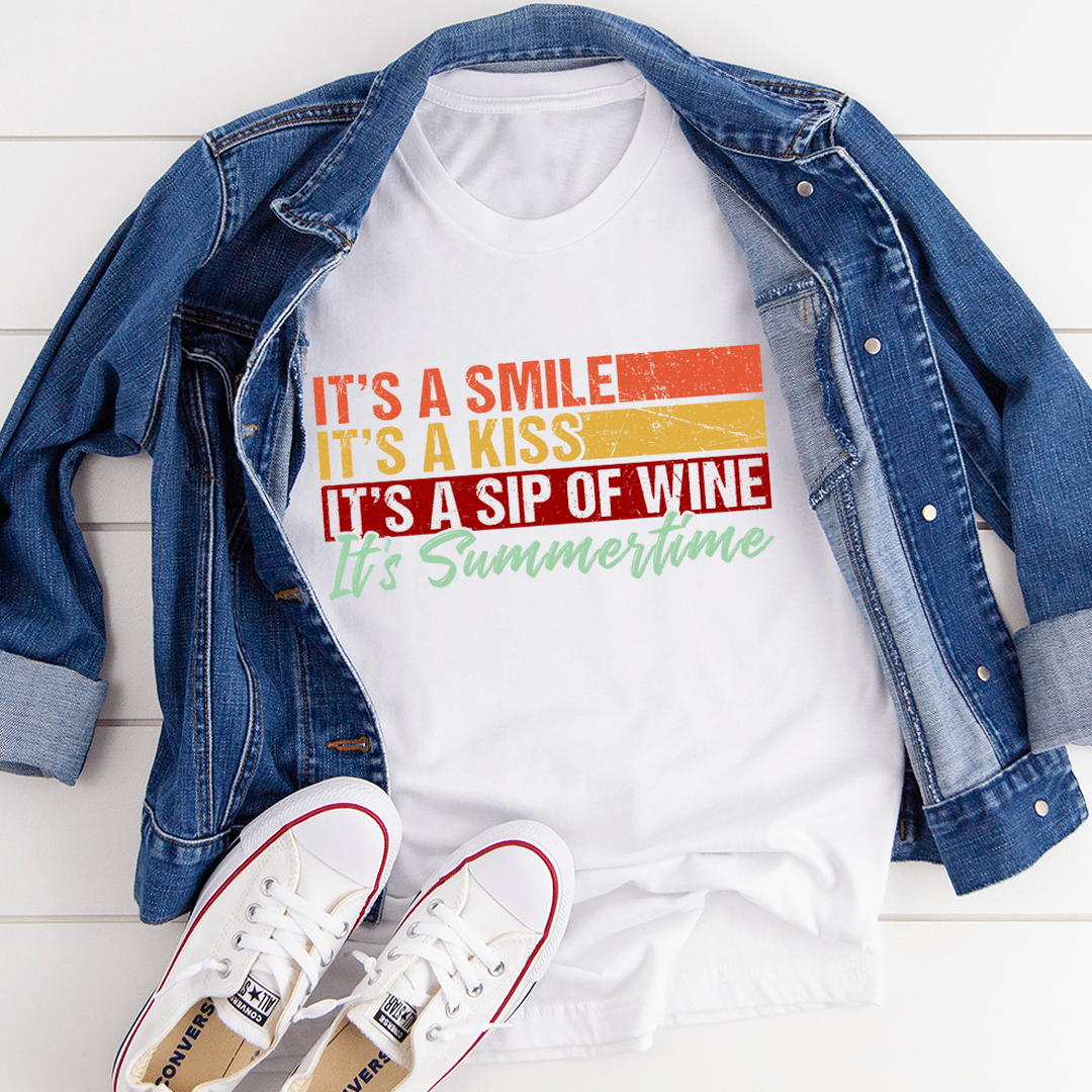 White short-sleeve crewneck t-shirt with multicolor summer quote graphic