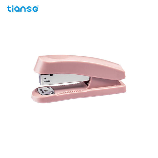 Pink desktop stapler, hinged top with staple opening, 50-sheet capacity.