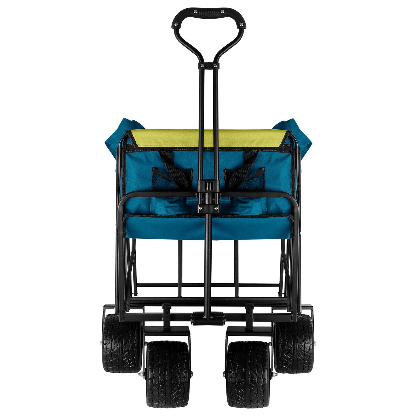 Blue and lime collapsible folding wagon with front legs and four wheels
