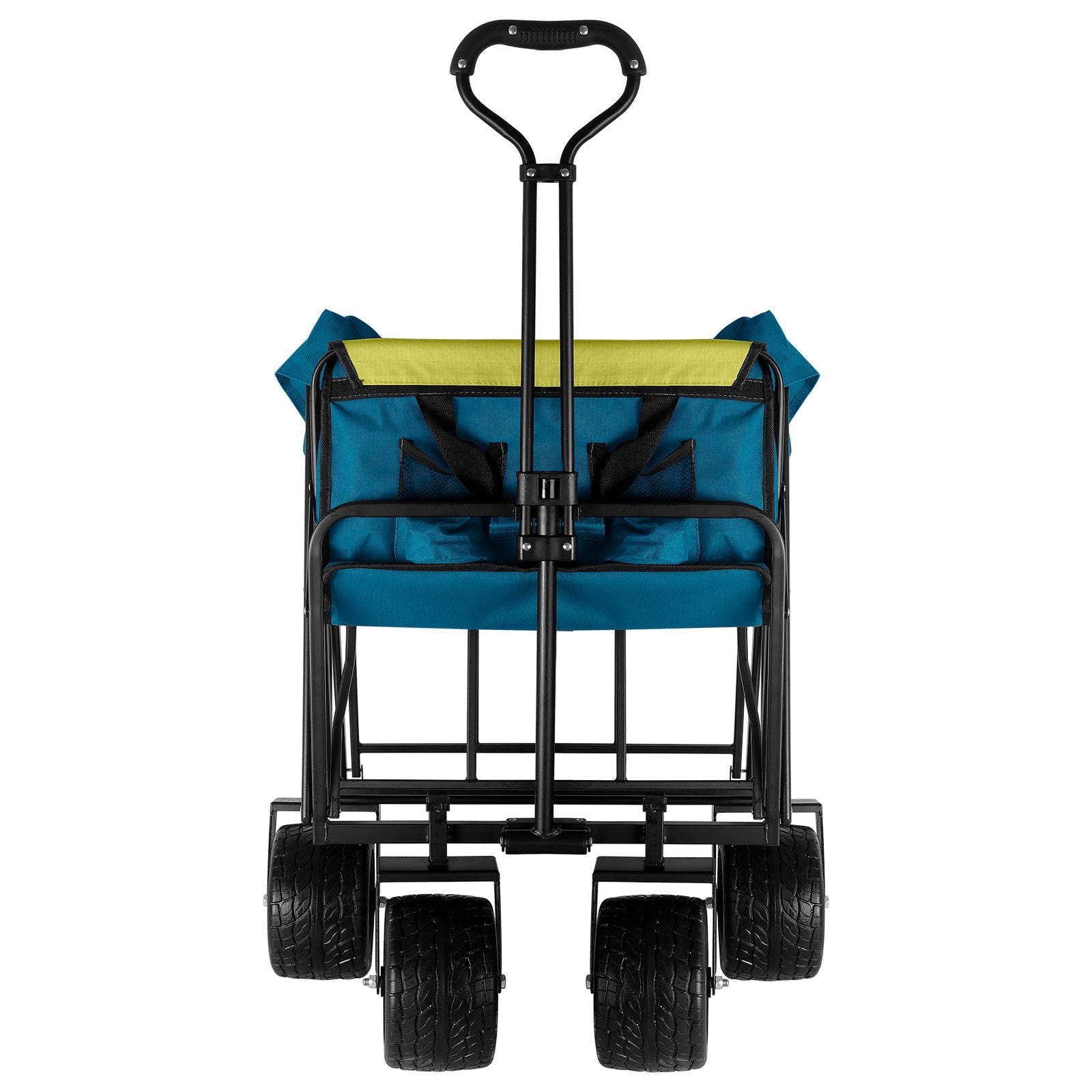 Blue and lime collapsible folding wagon with front legs and four wheels