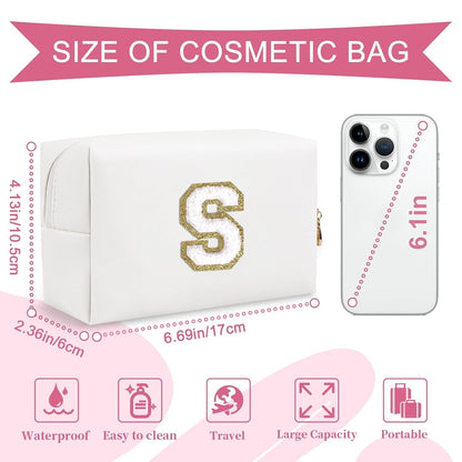 Small Personalized Initial A-Z Preppy Patch Makeup Bag,White PU Chenille Letter Travel Cosmetic Pouch with Zipper,Cute Toiletry Bag,Gift Ideal for Teen Girls Women Teacher Bridesmaid,Letter S