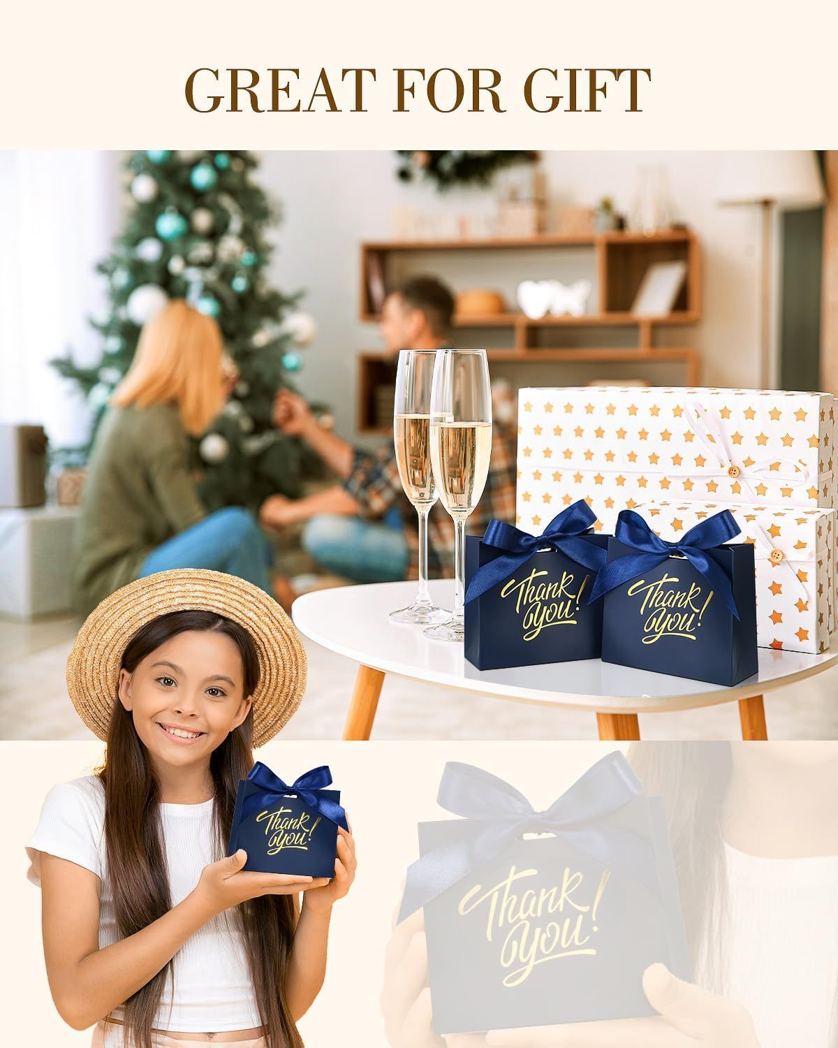 Small Gift Bags, 25 Pack 4.5x1.8x3.9 Inches Thank You Bags Navy Blue Kraft Paper Gift Bag with Bow Ribbon, Small Candy Bags for Birthday Wedding Baby Shower