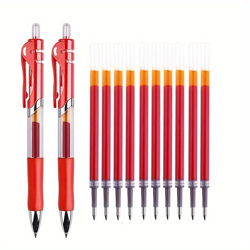 Red press-and-push gel pen set with 2 pens and 10 refills, 0.5mm tips
