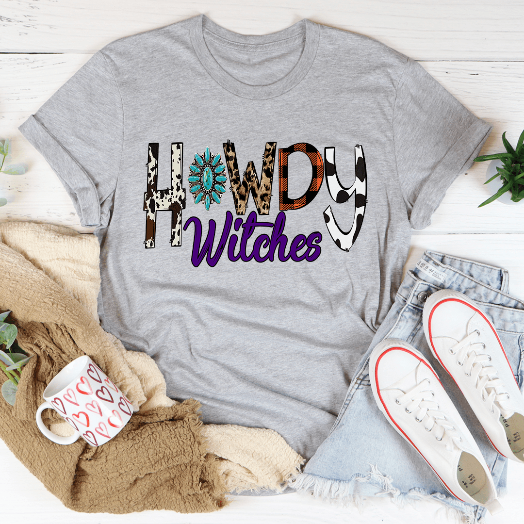 Heather gray crewneck T-shirt with “Howdy Witches” Halloween lettering and icon print.
