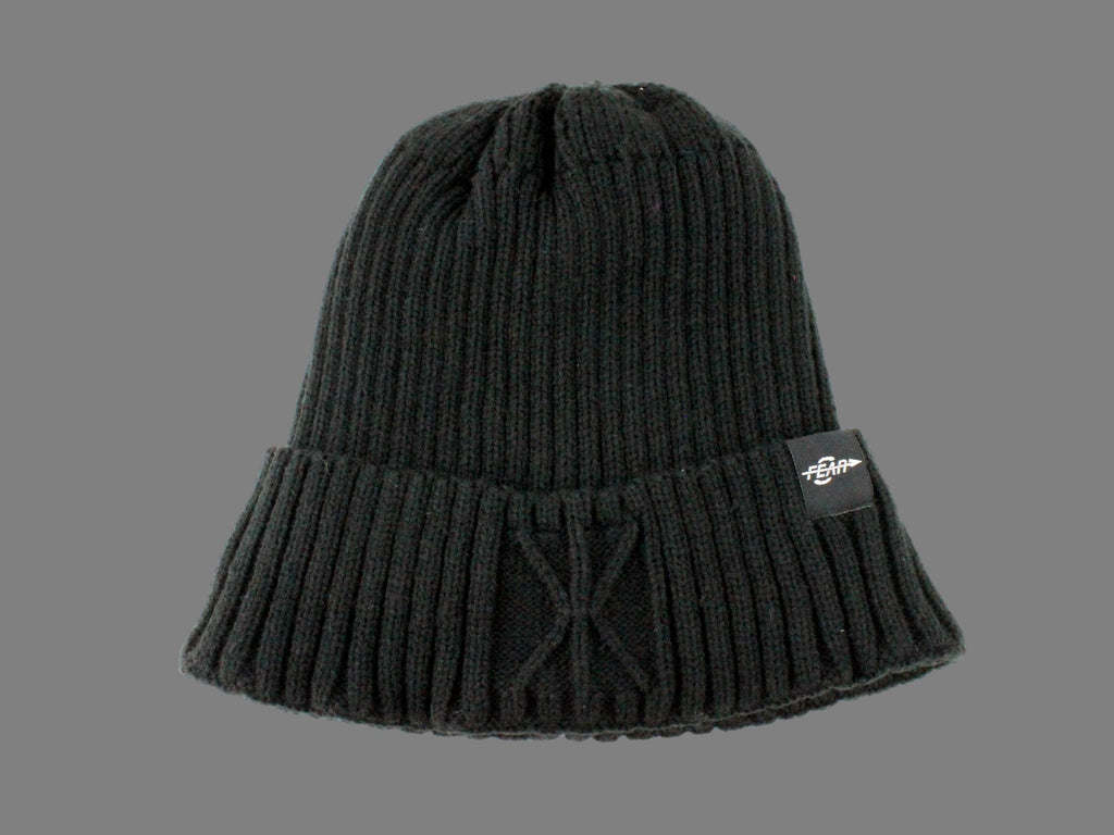 Black knit beanie with gathered cuff and Fear Zero logo patch