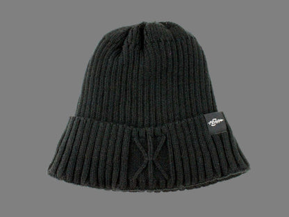 Black knit beanie with gathered cuff and Fear Zero logo patch