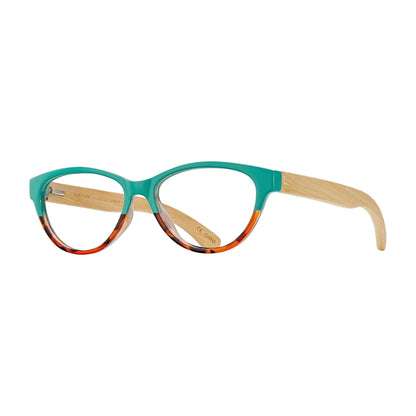 LUCIA READERS eyeglasses with teal frame and wooden temple arms