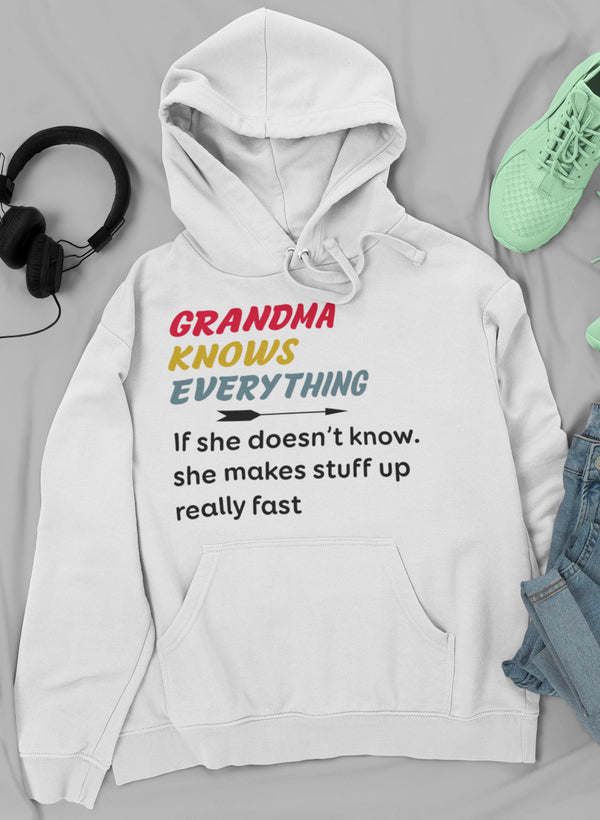 White hoodie with “Grandma Knows Everything” front graphic, hood, and kangaroo pocket