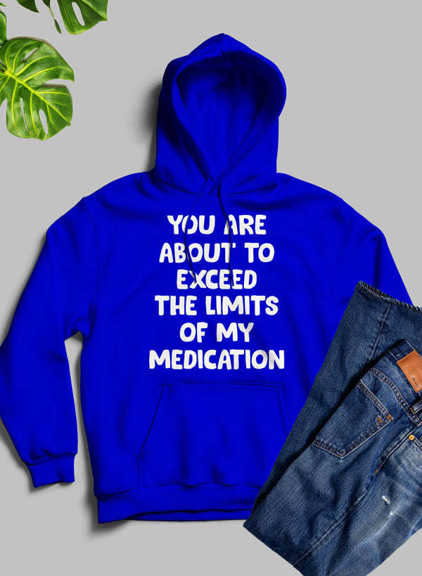 Royal blue hoodie with hood, front pocket, and 'exceed the limits' text