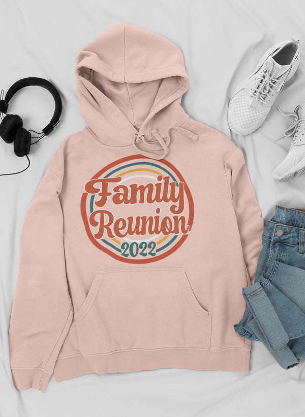 Pink pullover hoodie with “Family Reunion 2022” circular chest logo and long sleeves