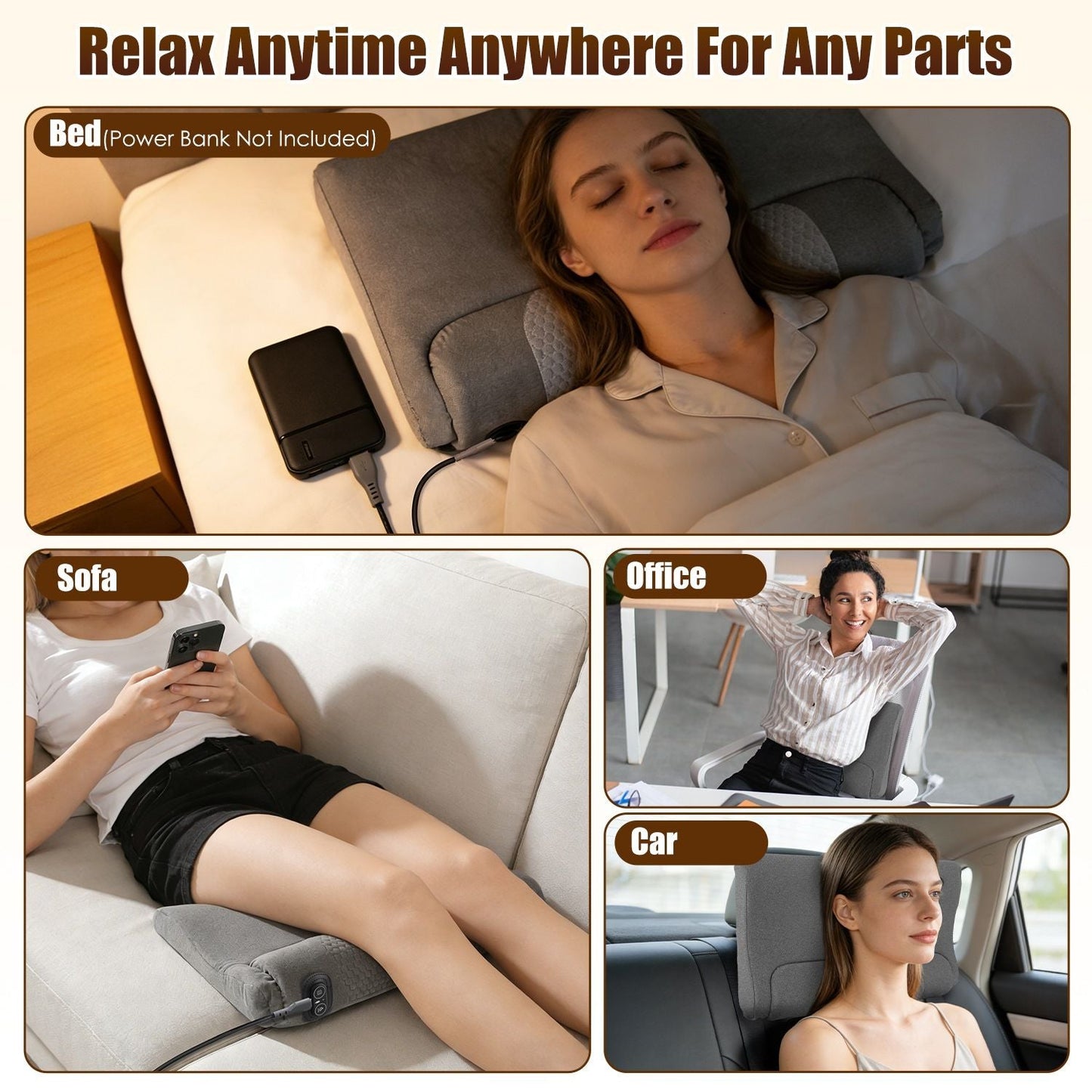 Dark gray neck massager pillow with charging cable for portable use