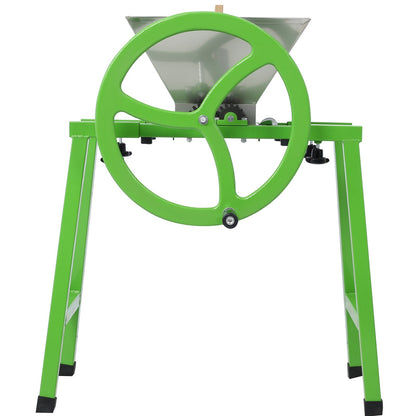 Green manual fruit juicer grinder with stand and flywheel crank handle