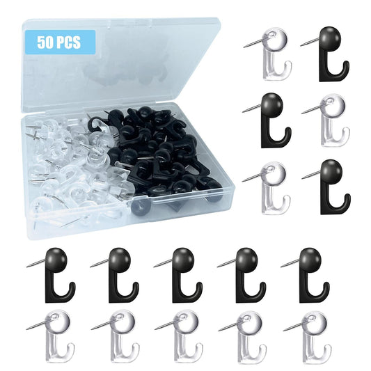 Push pin hooks set with black heads and clear bases, 50-piece pack shown in box