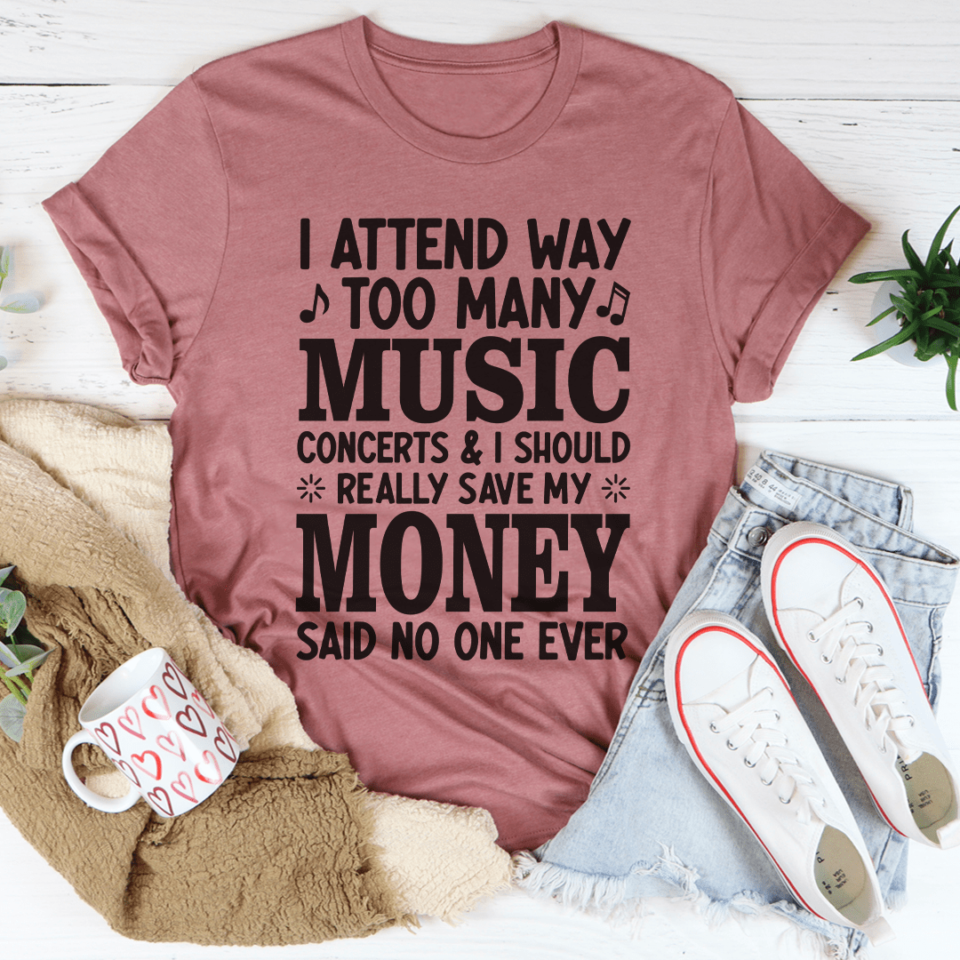 Dusty rose T-shirt with bold music slogan and musical note graphic, crew neck