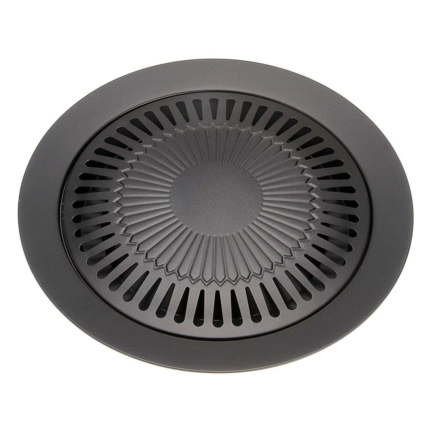 Round smokeless grill insert with black ridged grate and central hub
