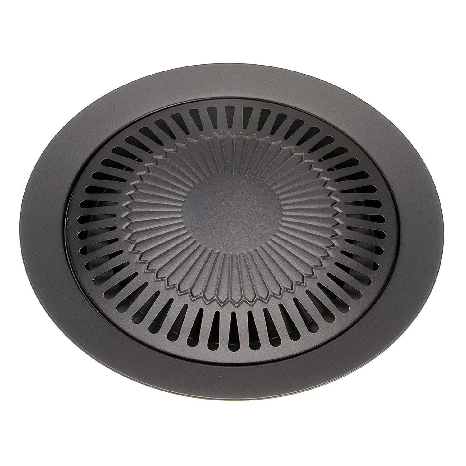 Round smokeless grill insert with black ridged grate and central hub