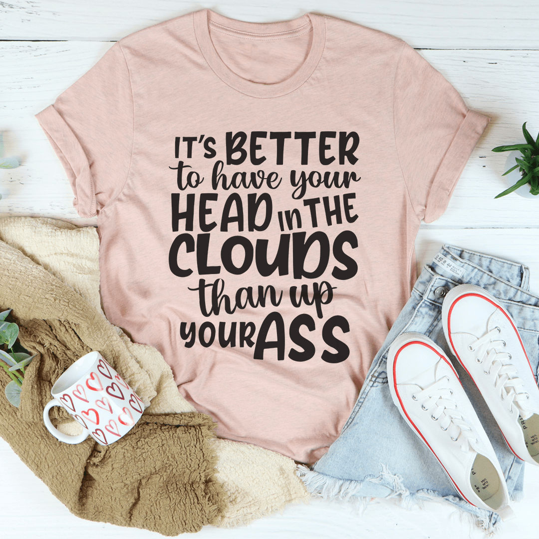 Heather peach T-shirt with bold cloud slogan graphic, crew neck
