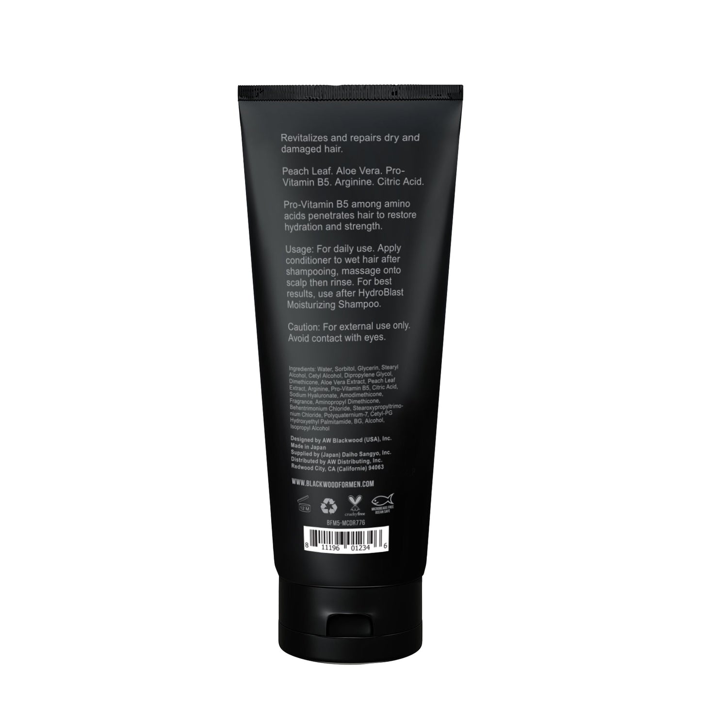 HydroBlast moisturizing conditioner tube, BLACKWOOD for Men, back label with barcodes