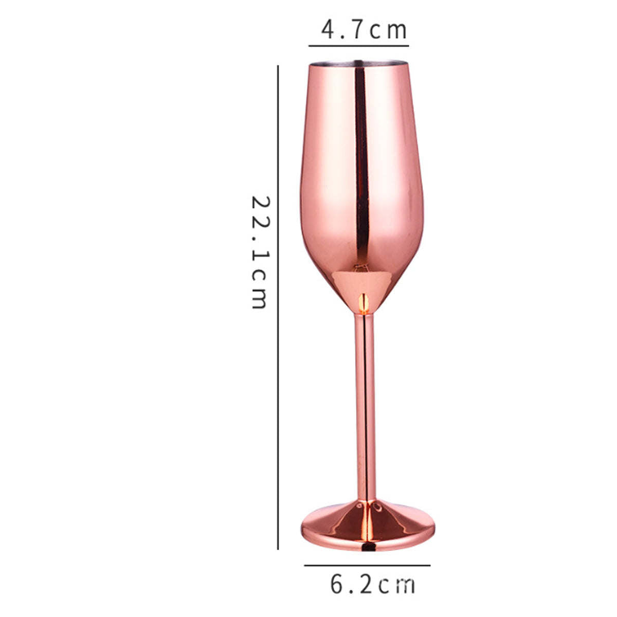 Rose gold champagne-style cocktail glass with stem and round base, shown with dimensions