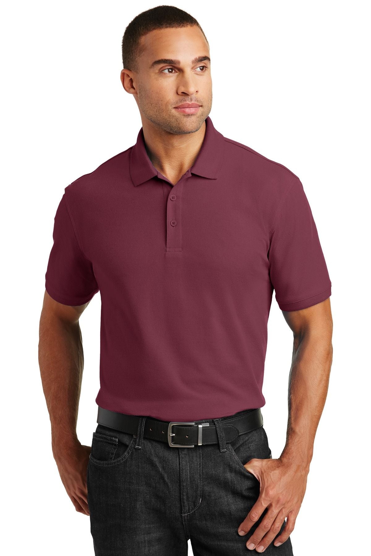 Burgundy short-sleeve pique polo with button placket and ribbed collar