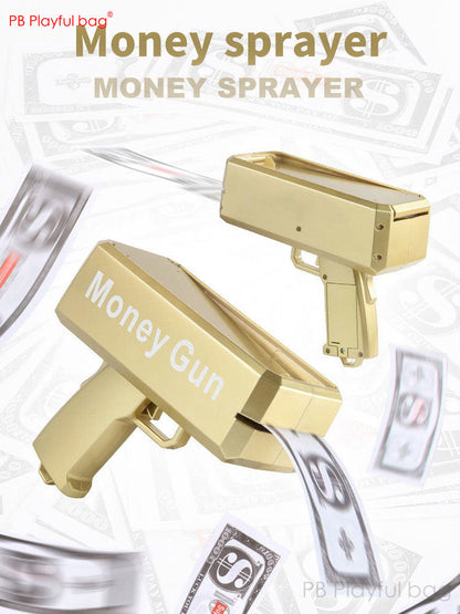 Gold plastic toy money gun with label on side, prop cash bills and plastic spray strip