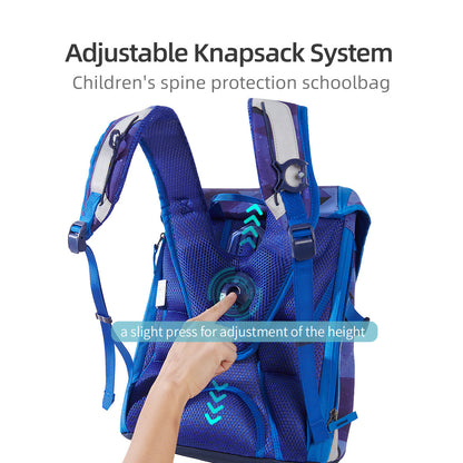 Blue kids school backpack with adjustable padded shoulder straps and chest buckle