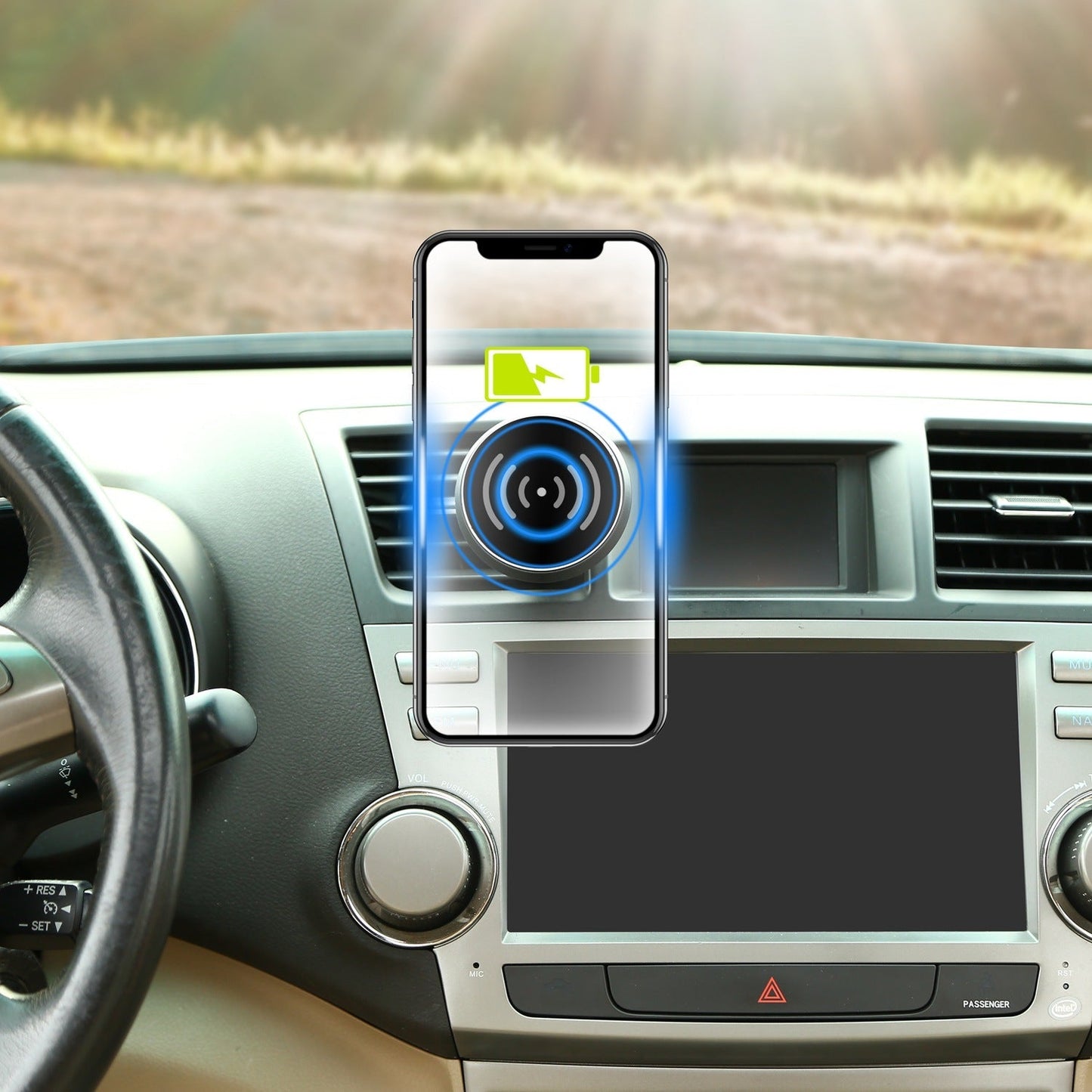 Black wireless car phone charger with phone mounted on the circular magnetic pad
