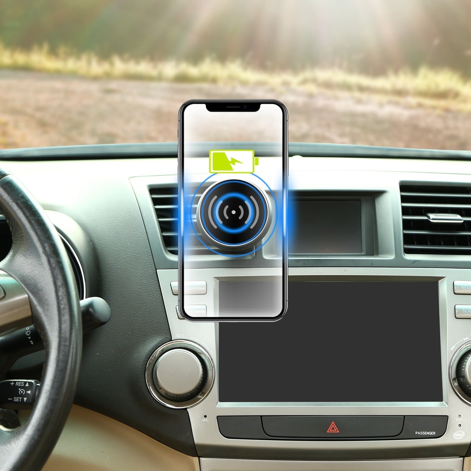 Black wireless car phone charger with phone mounted on the circular magnetic pad