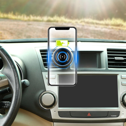 Black wireless car phone charger with phone mounted on the circular magnetic pad