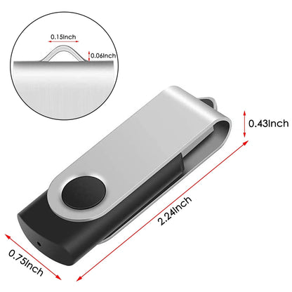 Swivel metal USB flash drive with lanyard and round cap, size indicated