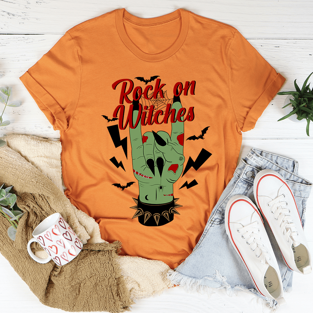 Burnt orange crew-neck T-shirt with front 'Rock on Witches' graphic