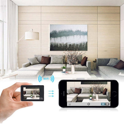 Action camera displaying living room on LCD while smartphone controls via WiFi