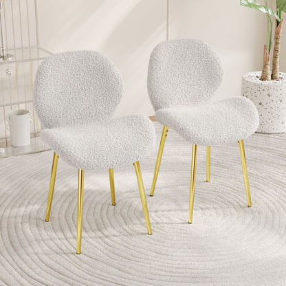 Modern minimalist white teddy velvet Dining Chairs Set of 2 with sturdy gold metal legs and comfortable backrest design, suitable for restaurants, kitchens, and offices.
