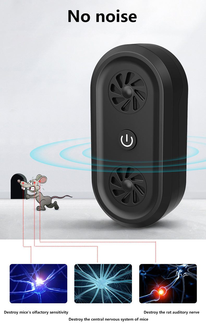 Black ultrasonic pest repellent unit with dual speaker grilles and power button