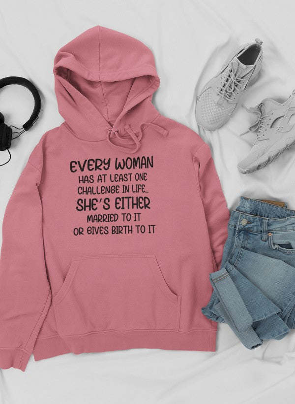Pink hoodie with hood up, kangaroo pocket and drawstring, printed quote on chest