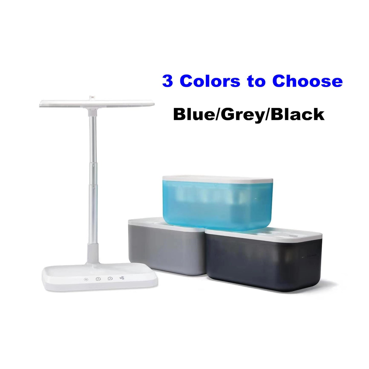 Hydroponics system in blue, gray, and black tanks with white stand and LED grow light